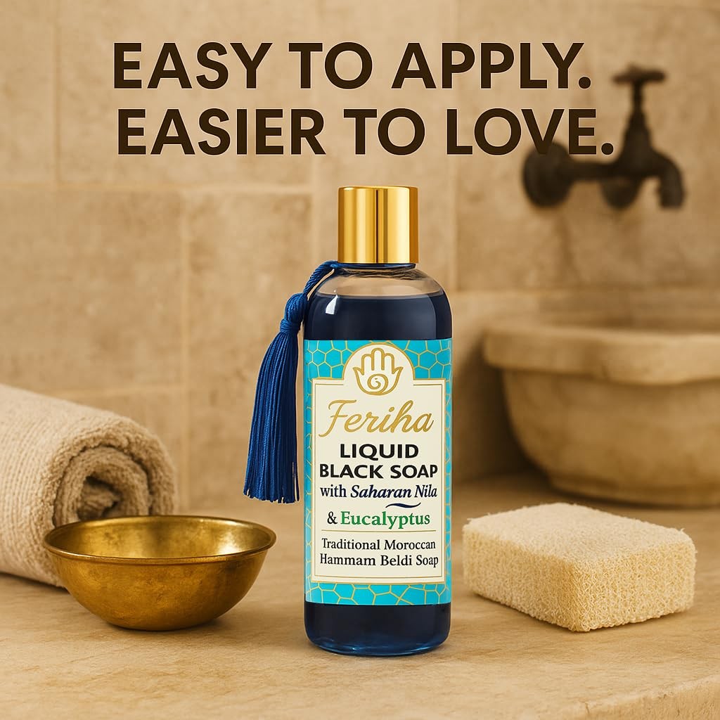 Moroccan Liquid Black Soap with Saharan Nila and Eucalyptus – Traditional Ham…