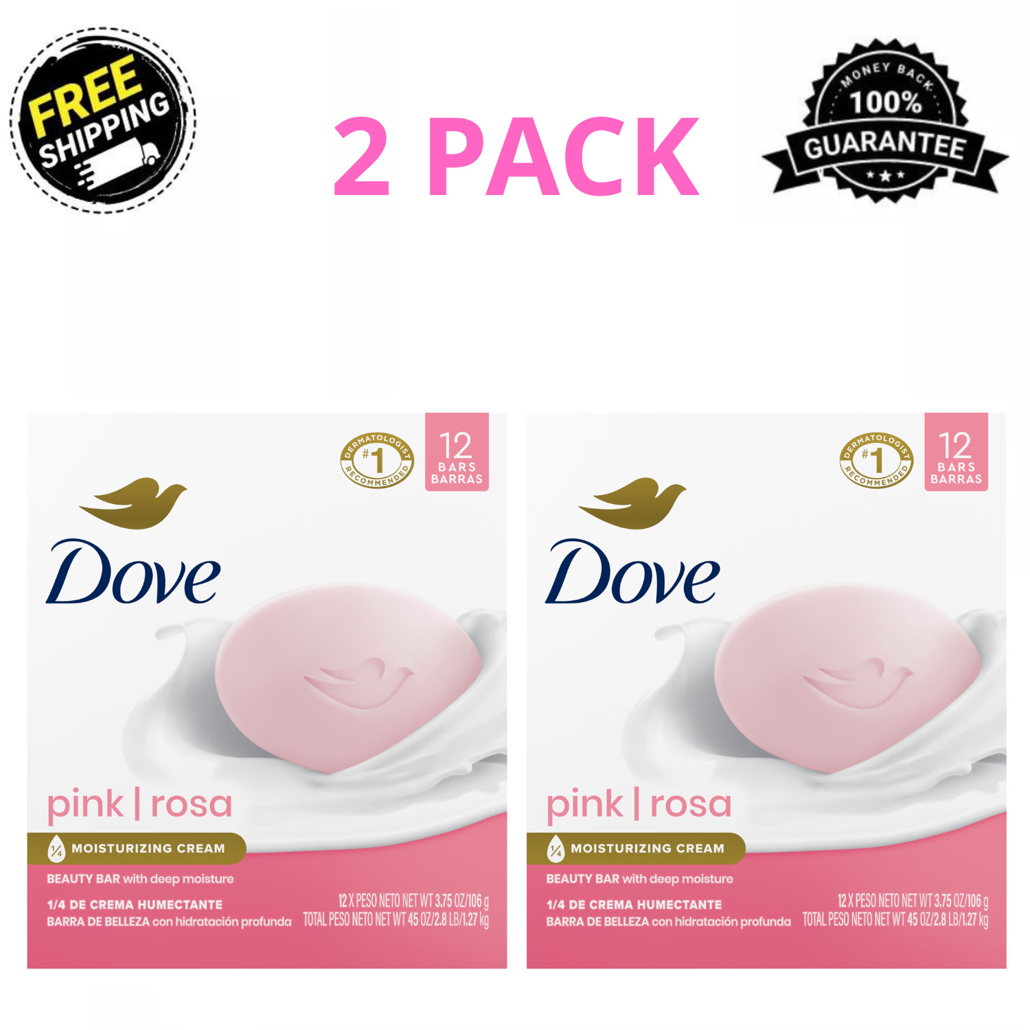 Dove Pink Beauty Bar Soap Moisturizing All Skin 3.75 oz 12 Bars, 2 Pack