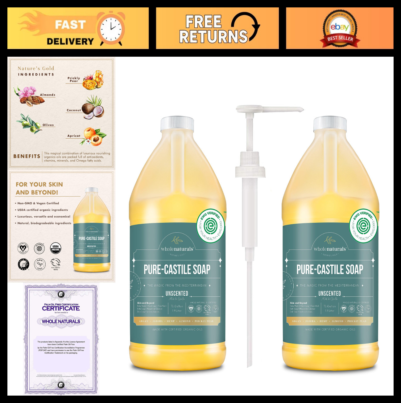 Pure Castile Soap Liquid – EWG Verified, Unscented, Vegan, Organic Body Wash & L