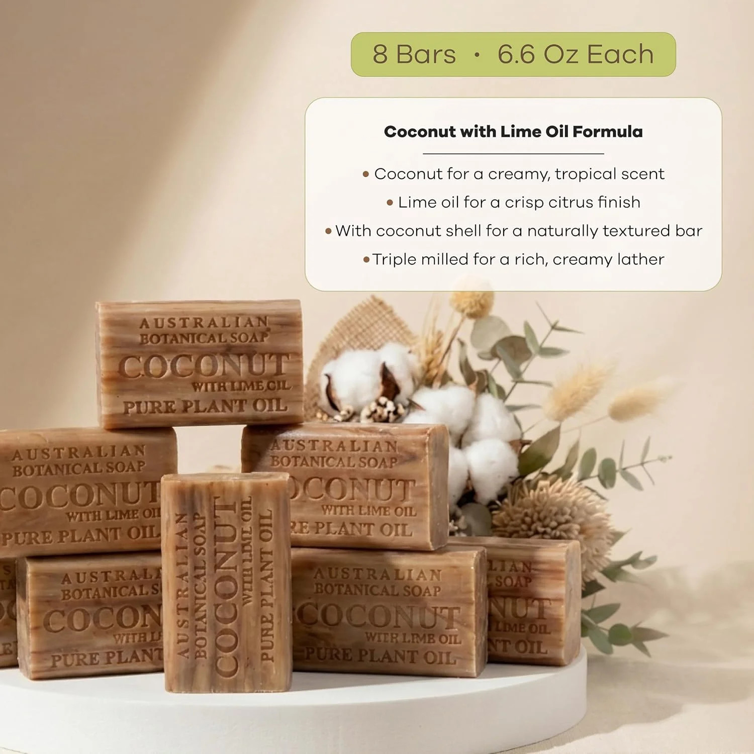 Australian Botanical Soap, 6.6 OZ, Coconut and Lime Oil, Triple Milled Bars made