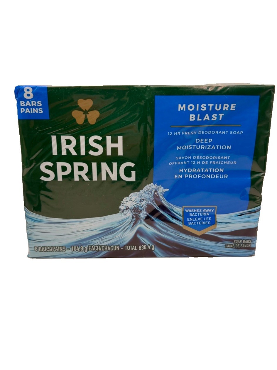 Irish Spring Deodorant Bar Soap Moisture Blast w HydroBeads 3.75oz 8 Pack