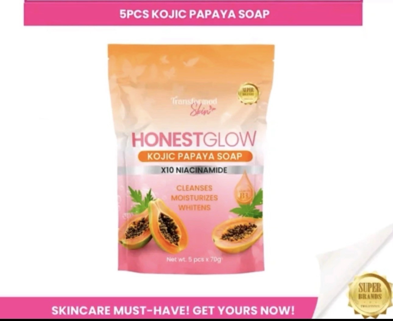 Honest Glow Kojic Papaya Soap X10 Niacinamide (5Pcs X 70g)