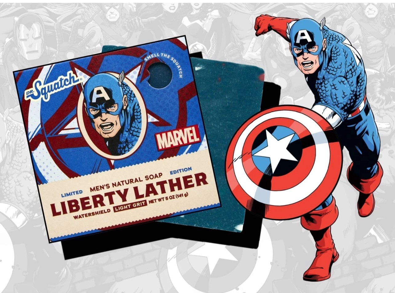 NIB~ Dr Squatch Marvel Soap Bar Liberty Lather Captain America 5 oz Mens AX3