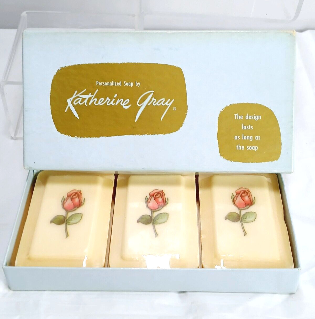 Vtg Katherine Gray ROSE Print 3 Bar Soap Gift Set = Unused/wrapped=original box