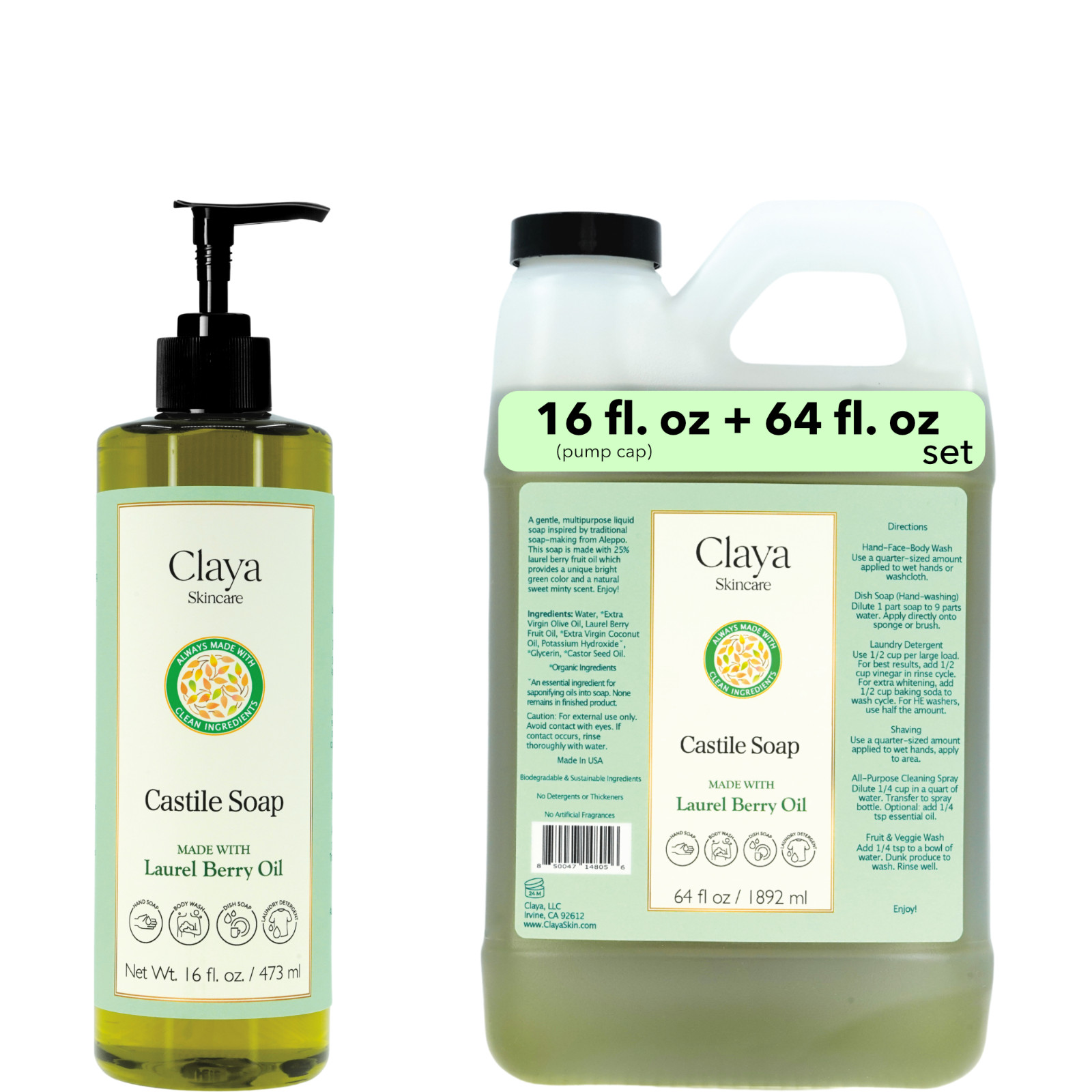 Laurel Berry Liquid Castile Soap Set – Organic Ingredients, Gentle for skin