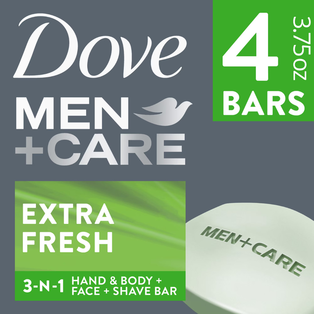 3 Pack Dove Men+Care Soap Extra Fresh, 3.75 oz, 4 Bars, Moisturizing Cleanser