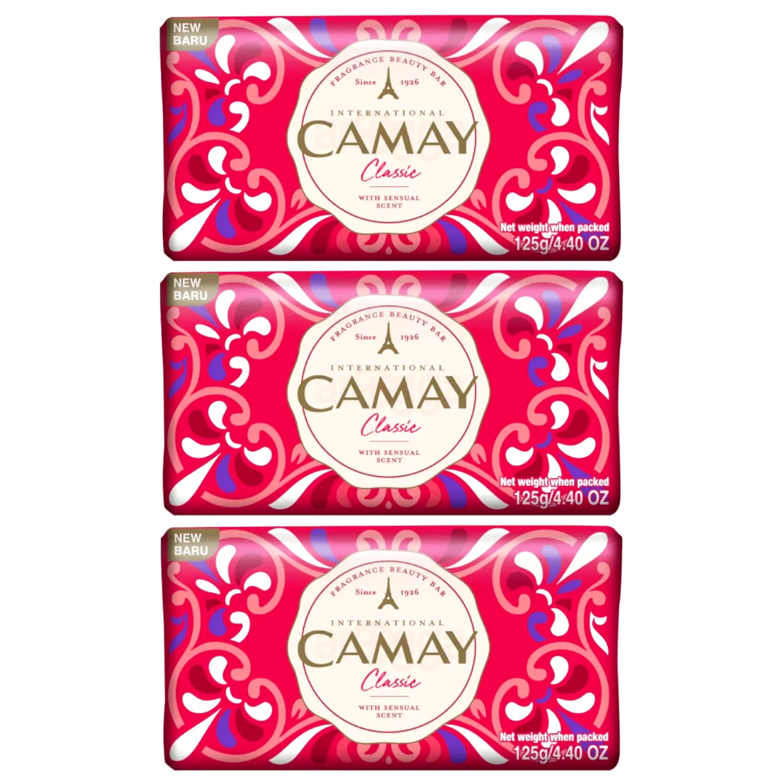 3 Pack Camay Classic Fragrance Beauty Bar Soap with Sensual Scent 125g