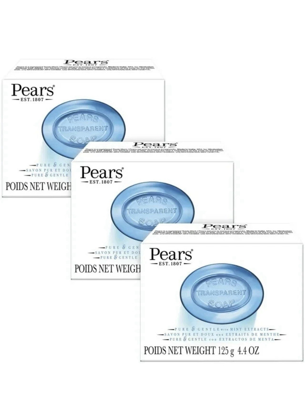 Pears Transparent Soap with Mint Extract 3 Pack Pure & Gentle Bar Soap 4.4oz