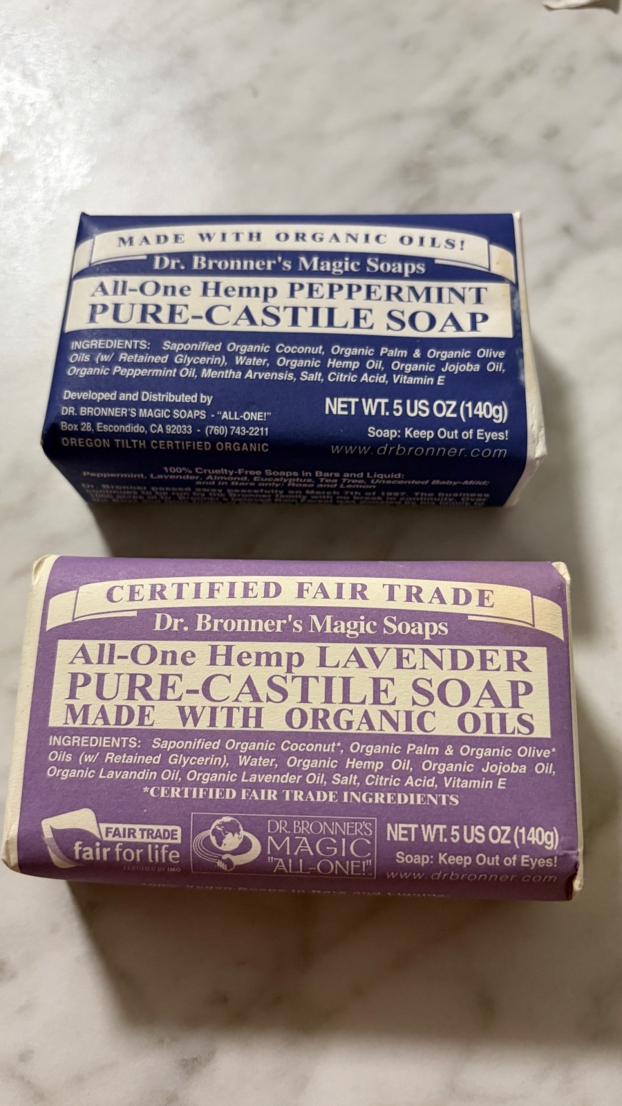 Dr Bronner’s Pure Castille Peppermint Bar Soap & A Lavender Soap. ( 2 PK)