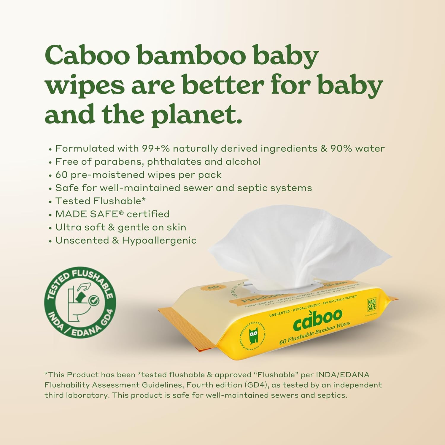 Caboo Tree Free Flushable Wipes, Certified Flushable, Septic Safe, Biodegradable