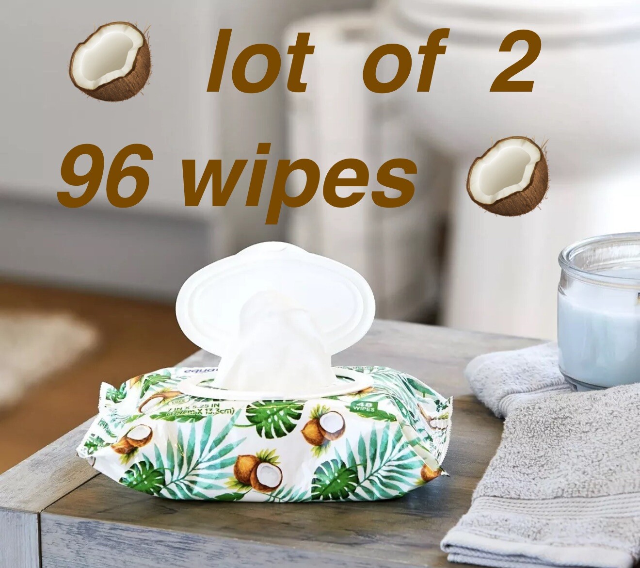 🥥 Coconut Scented Flushable Wipes, 2 Flip-Top Packs – 96 wipes