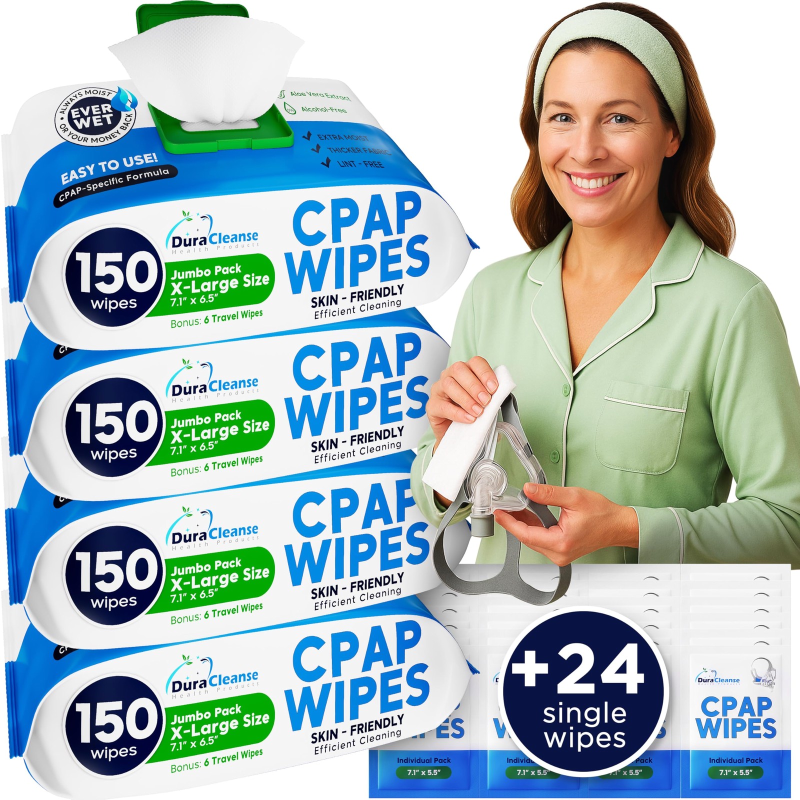 Dura Cleanse CPAP Mask Cleaning Wipes – 4 Pack, 4×150 Count + 24 Travel Sheet…