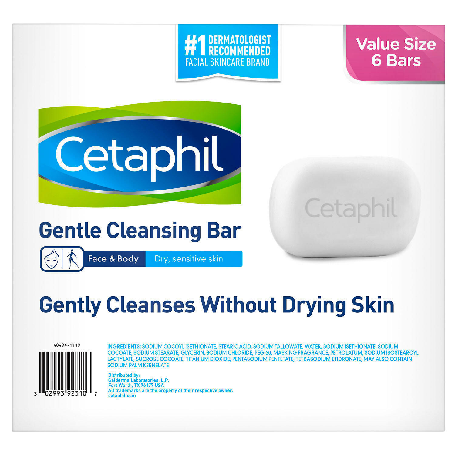 Cetaphil Gentle Face and Body Glycerin Cleansing Bar 4.5 oz – 6 Count