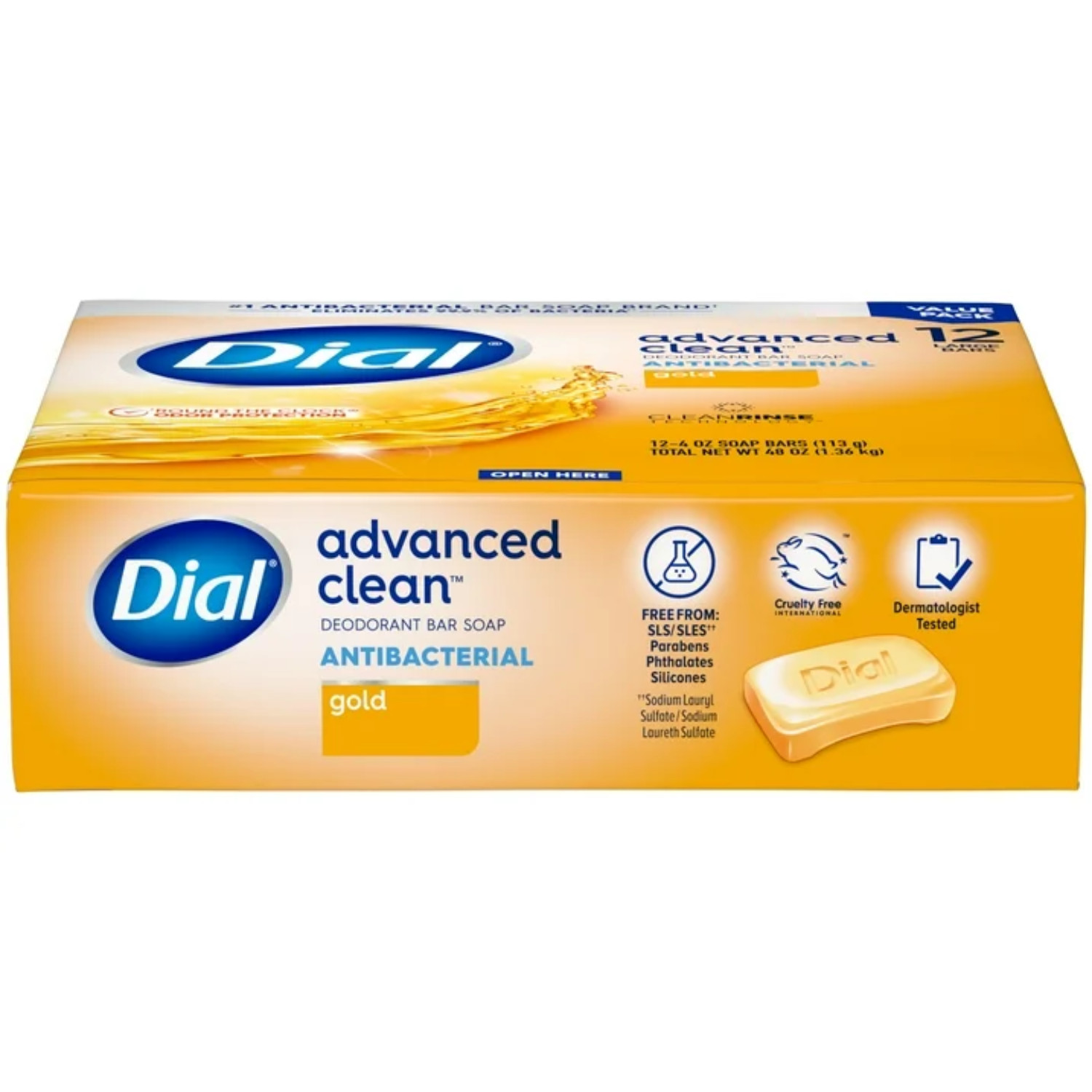 Dial Antibacterial Deodorant Bar Soap, Advanced Clean, Gold, 4 oz, 12 Bars
