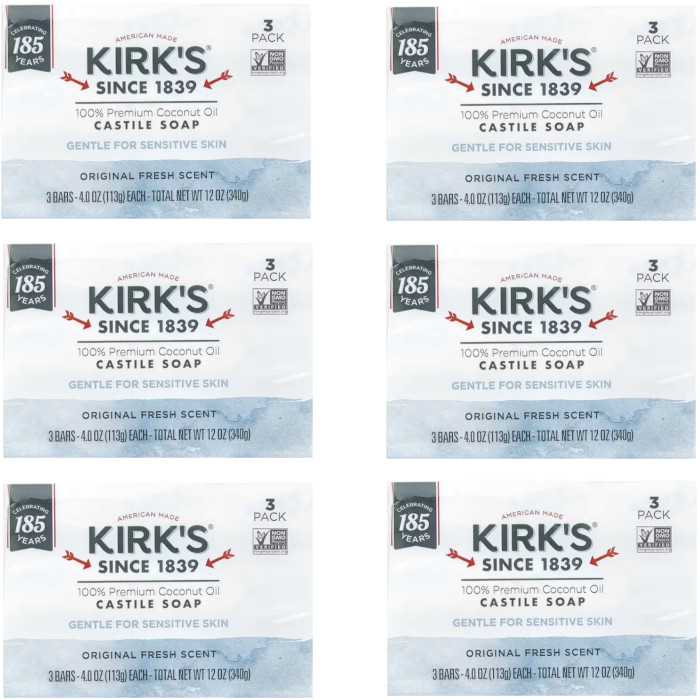 Kirk’s Natural Gentle Castile Bar Soap Original Fresh Scent 3 Bars Each (6 Packs