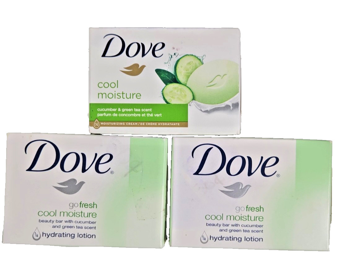 3- Dove GO FRESH Cool Moisture Bar Soap Cucumber & Green Tea 2-4.25oz 1-3.75oz