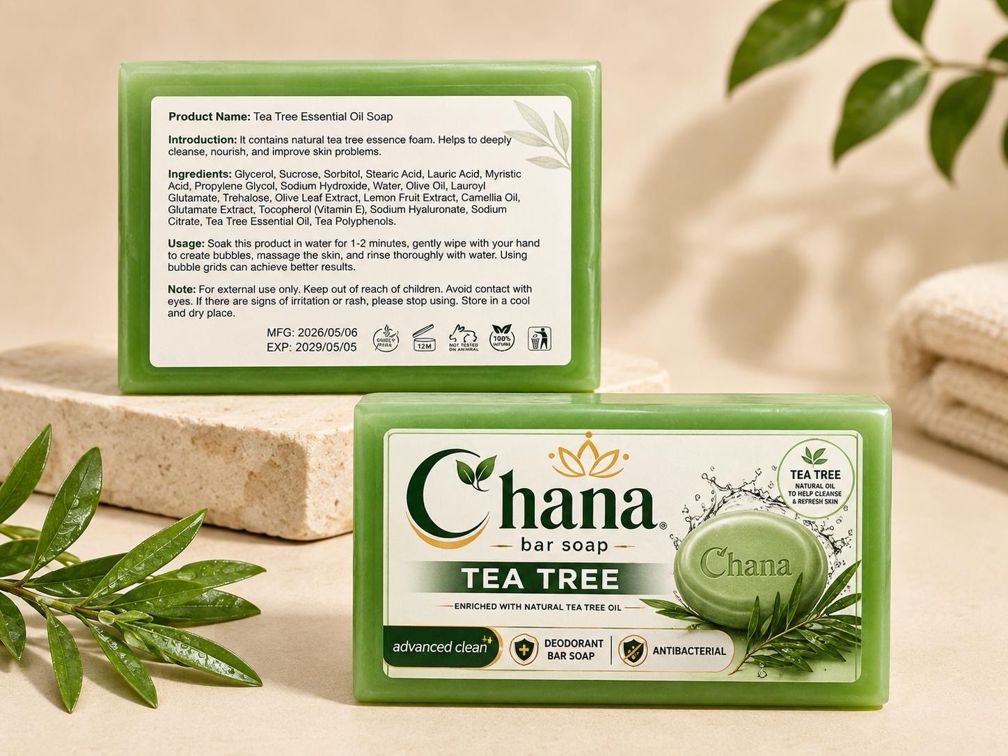 Chana Tea Tree Antibacterial Deodorant Bar Soap for Body & Hands