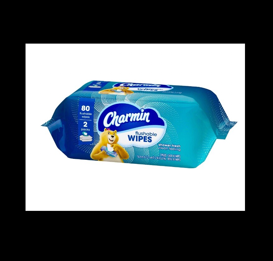 Charmin Flushable Wipes with flip top lids 80 count (2 x 40 Wipes) printed packs