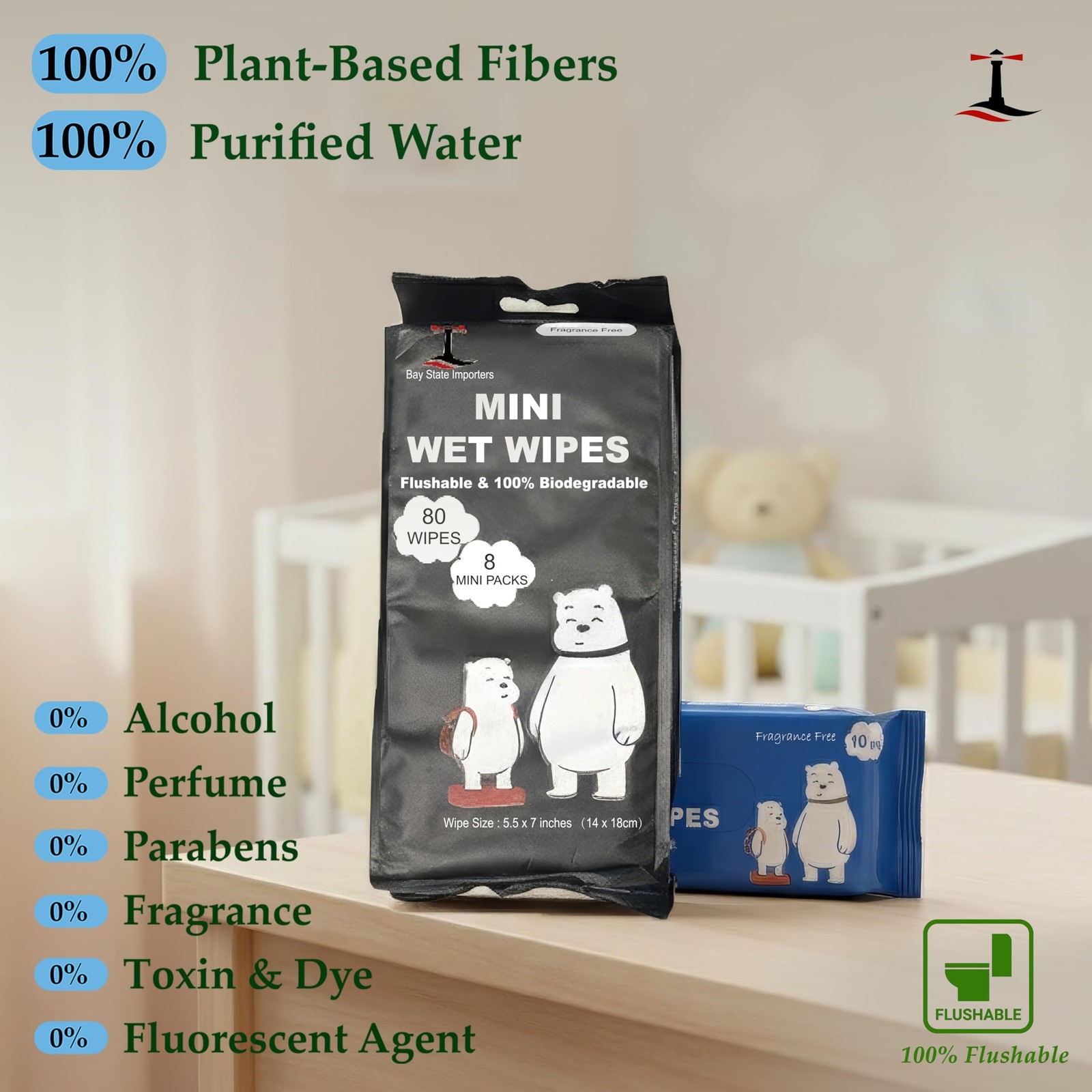 Compact Travel Flushable Wipes, 8 Pack, (80 Total Unscented Wet Wipes)