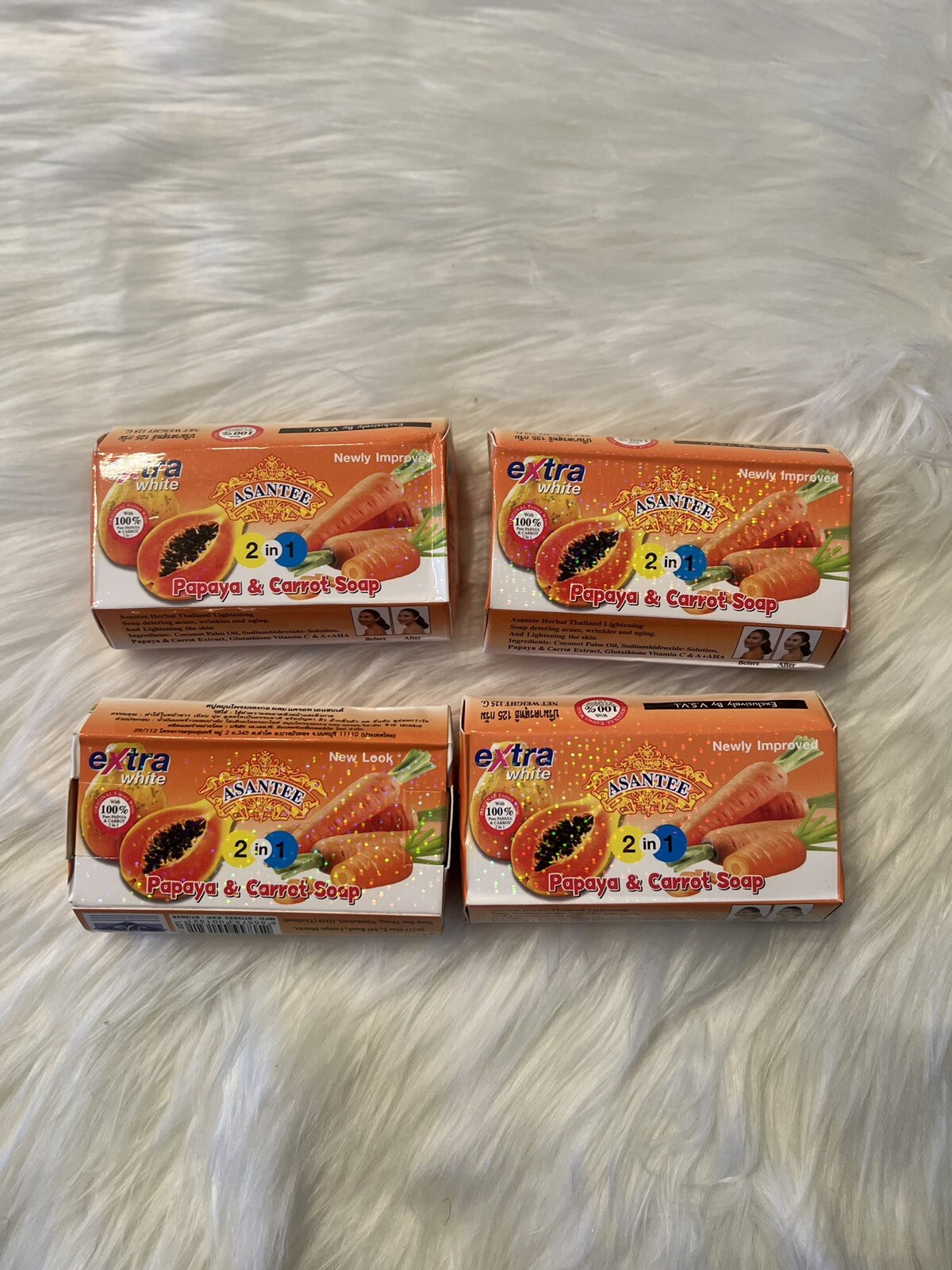 LOT OF 3 Asantee Papaya & Carrot Thailand Herbal Lighteni 2 In 1 Soap Extra Whit