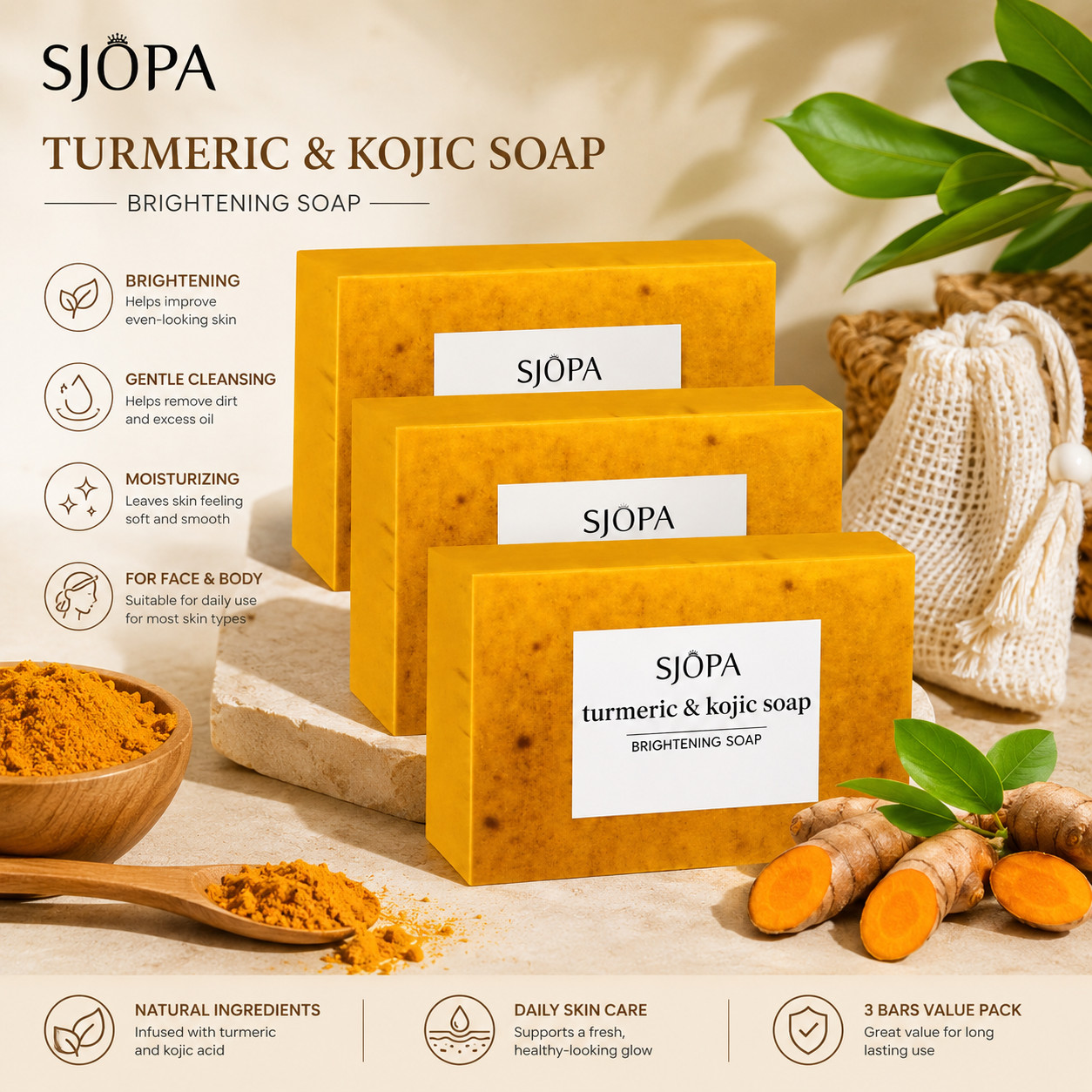 3pcs Turmeric & Kojic Acid Brightening Soap Moisturizing Face Body Cleansing Bar