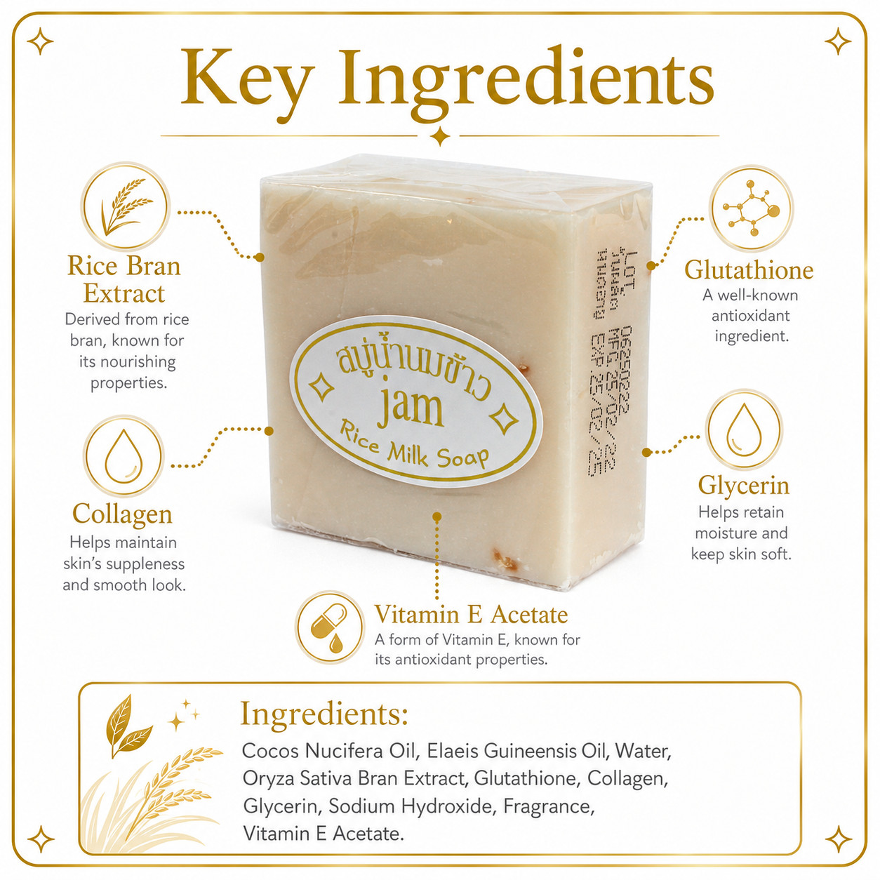JAM™ 12 bars x 65g Thai Jasmine Rice Herbal Soap Gluta + Collagen 100% Natural