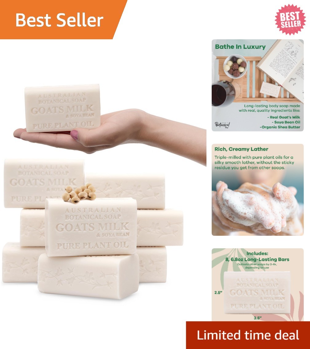 Moisturizing Goat Milk Soap Bars 6.6 OZ, 8 Count with Soya Bean Oil & Lather