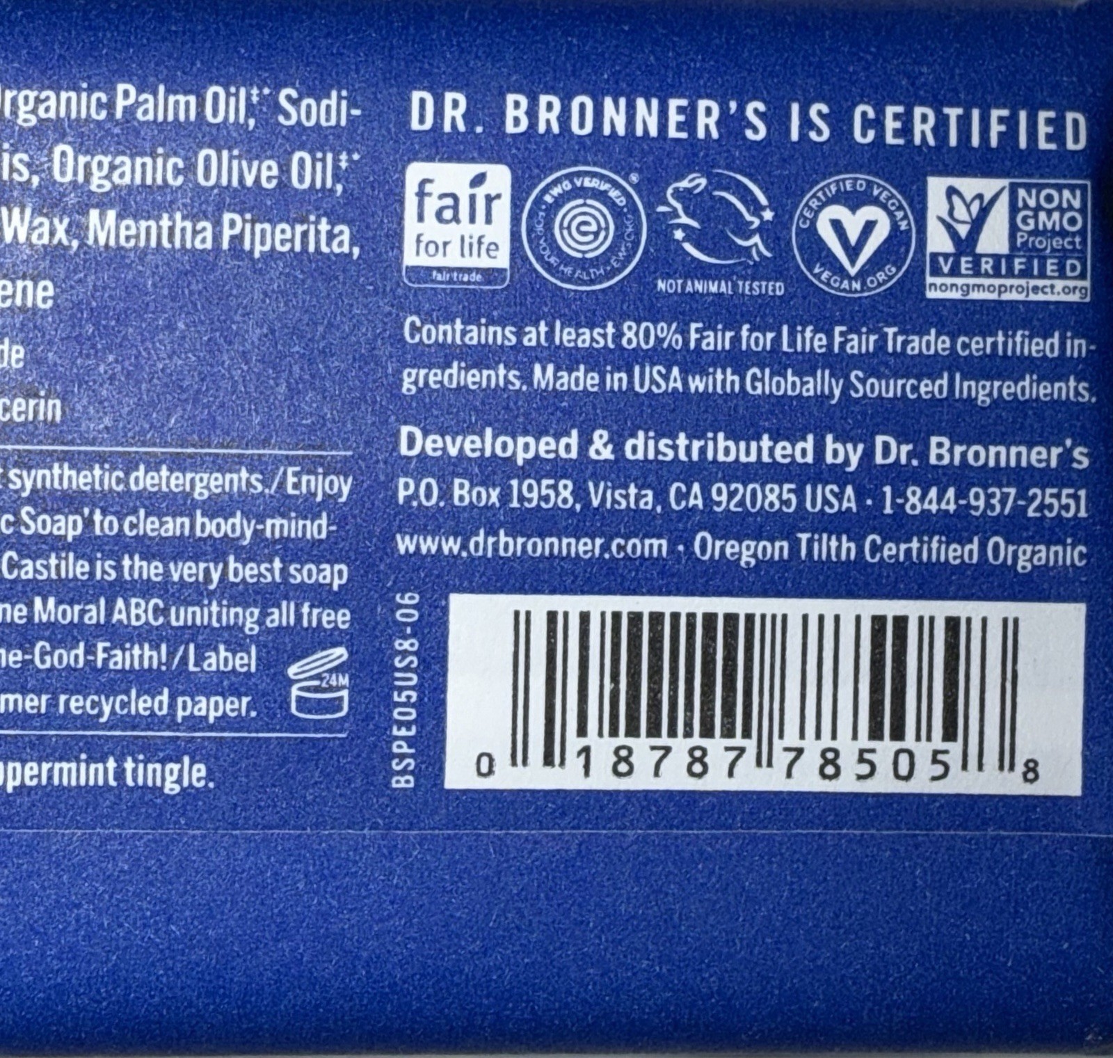New Dr. Bronners All One Peppermint Pure Castile Bars Soap W/Organic Oils 5oz