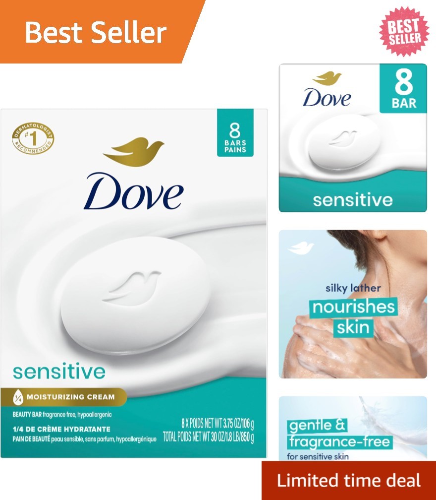 Dove Beauty Bar Sensitive 1/4 Moisturizing Cream Soap 3.75 oz, 8 Bars