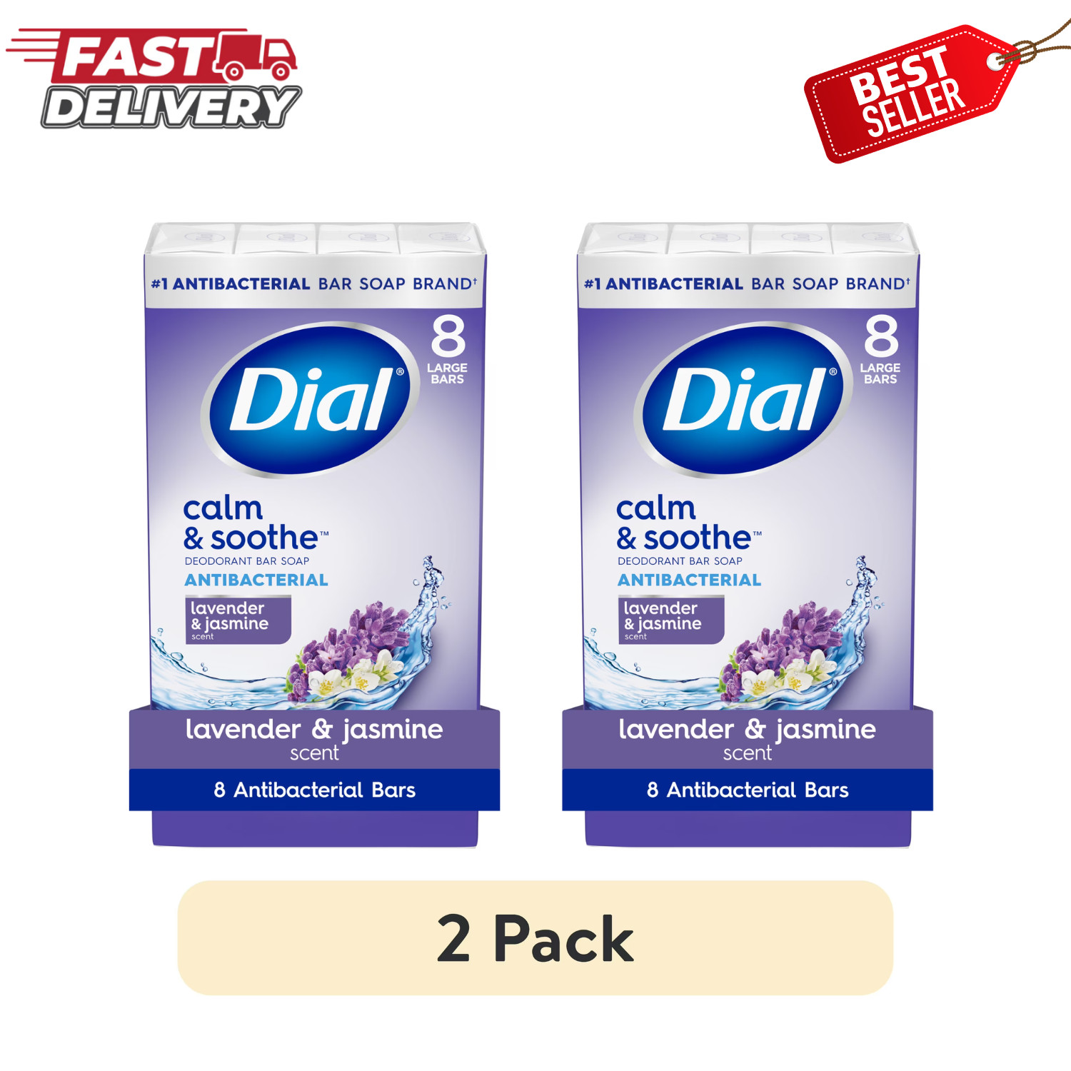 2 Pack Dial Lavender Jasmine Calm & Soothe Antibacterial Bar Soap 4 oz 8 Bars