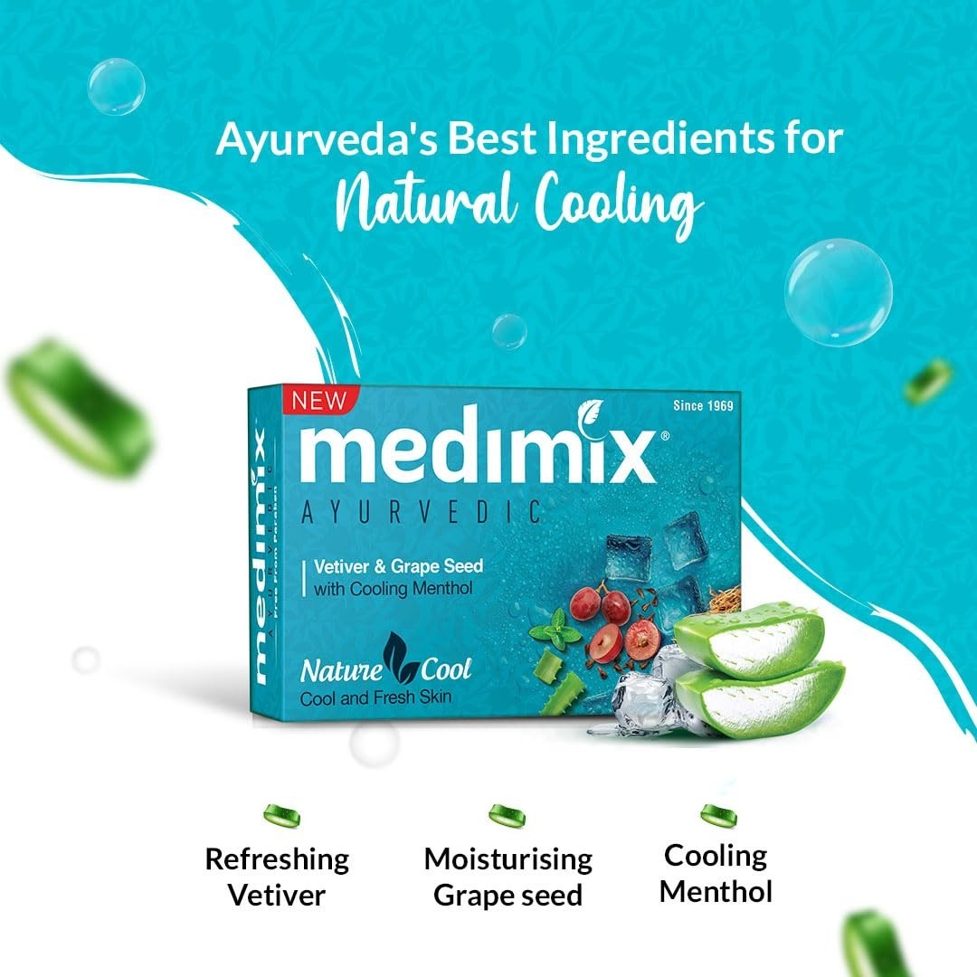 Medimix Cool Ayurvedic Soap 125g x 5 Menthol Vetiver Grape Seed Vegan