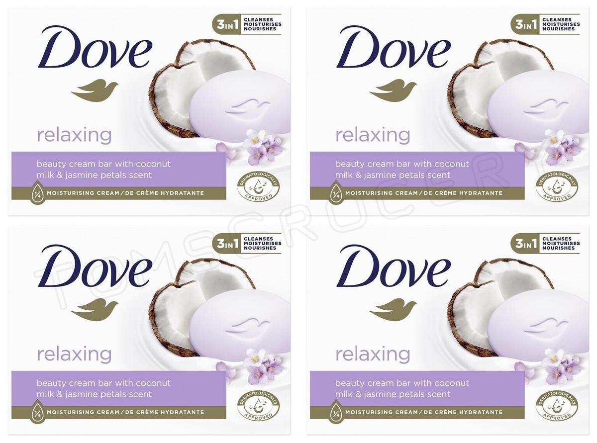 4 DOVE Relaxing Beauty Cream Bars with Coconut Milk & Jasmine Petals Scent