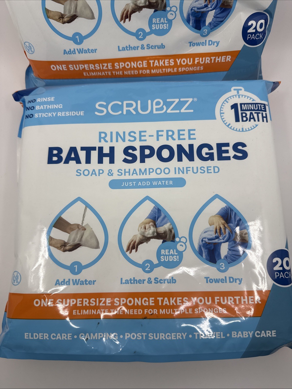 Scrubzz Disposable Rinse Free Bath Sponges Sensitive Skin Soap and Shampoo 20 PK