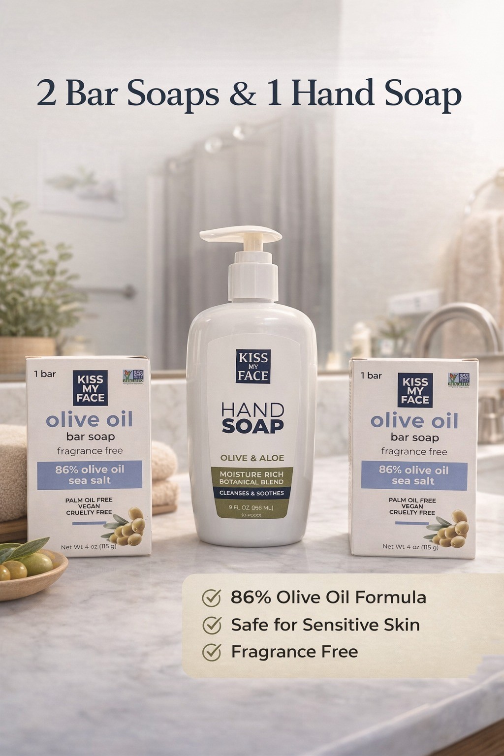 Kiss My Face Olive Oil Soap + Olive & Aloe Hand Soap Bundle Fragrance Free