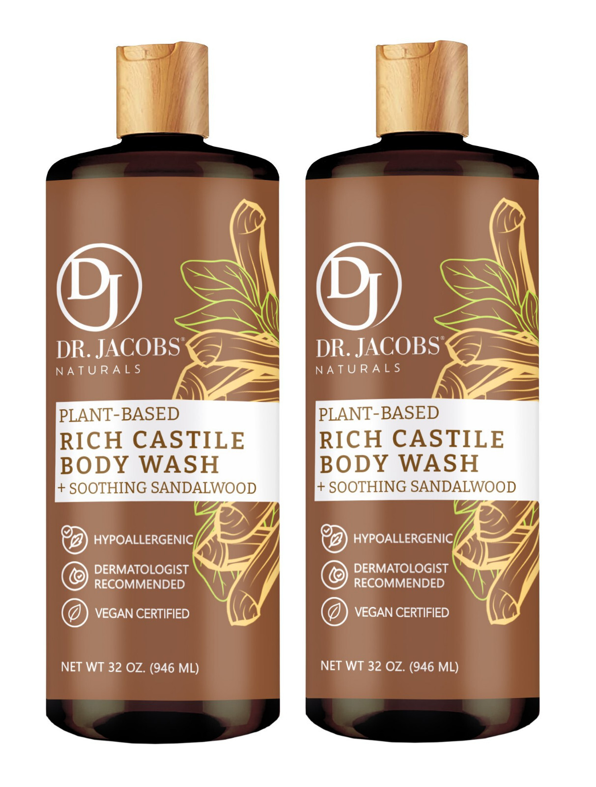 Dr Jacobs Naturals 32oz Sandalwood Castile Body Wash Soap Plant-Based