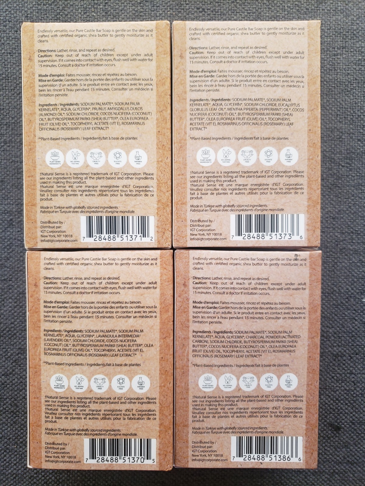 4 Natural Sense Plant-Based Castile Bar Soap Lavender/Peppermint/Almond/Charcoal
