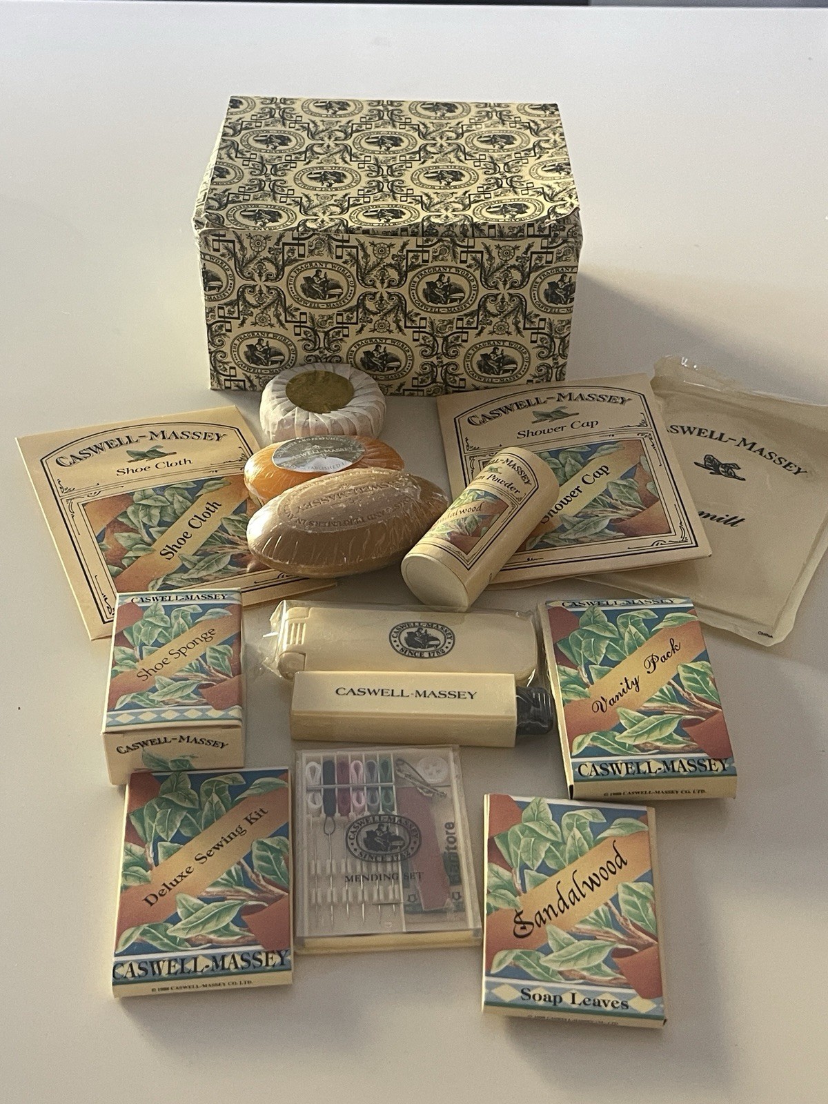 Caswell Massey hotel amenities Travel Gift Set Vintage 3 Soaps Sewing Shoe Kit