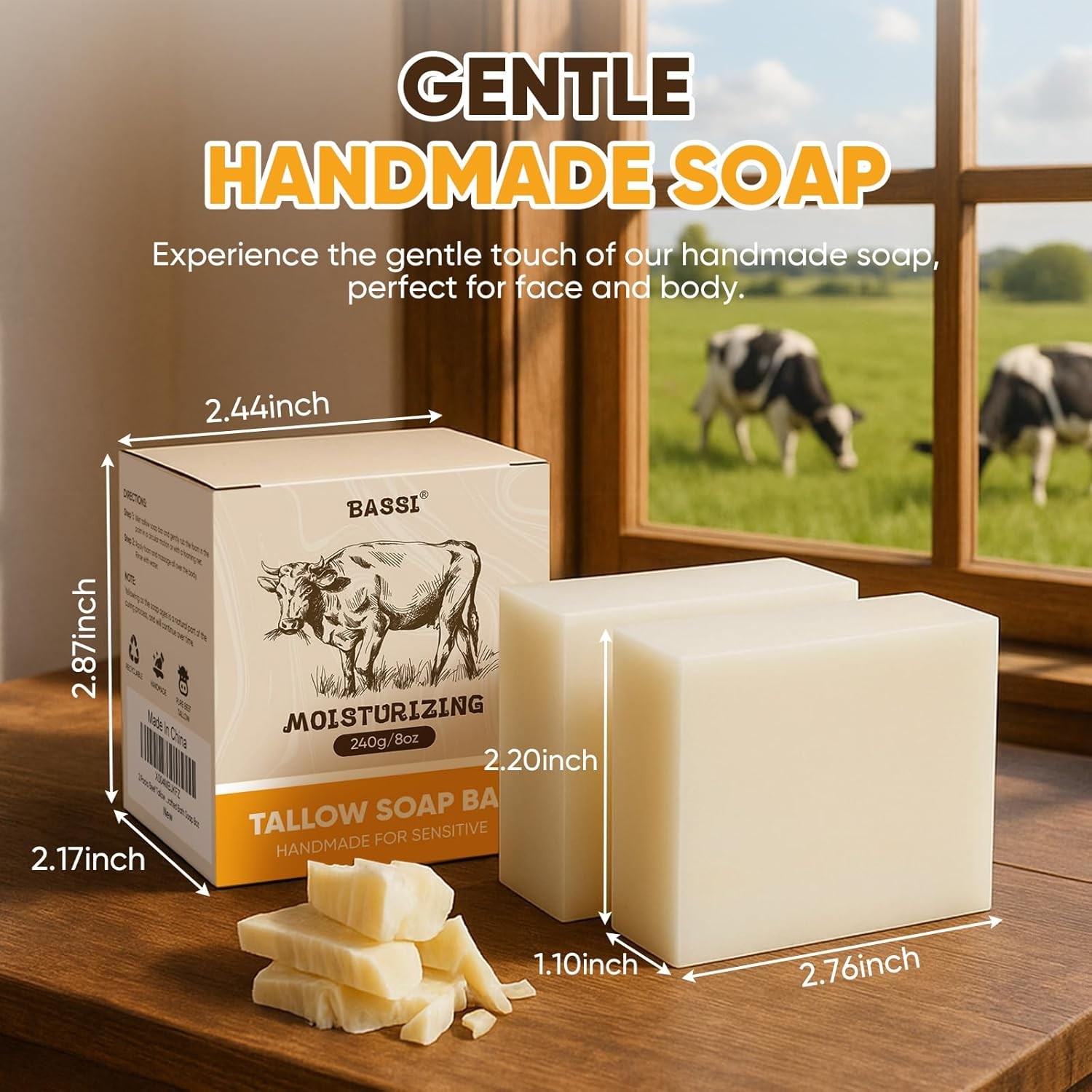 Beef Tallow Soap Bar, 2 Pack All Natural Grass Fed Tallow Soap, Moisturizing Fac