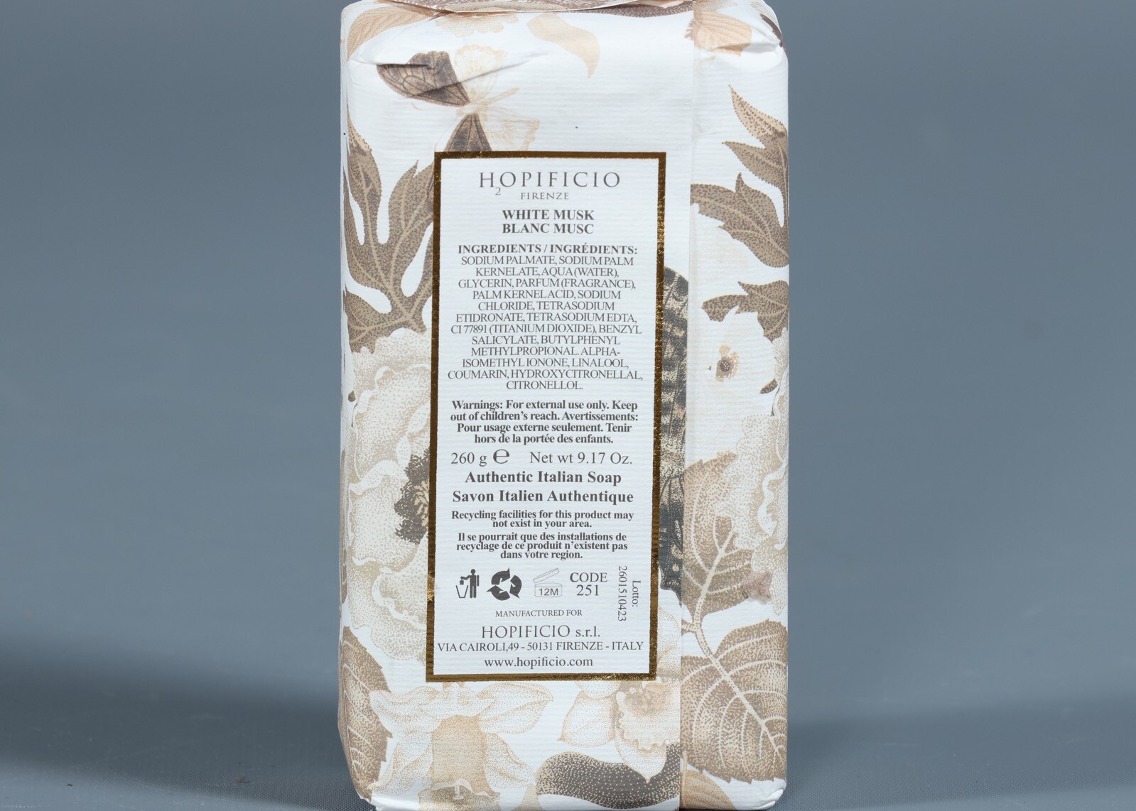 HOPIFICIO WHITE MUSK Finest Triple Milled Bar Soap 9oz. Italy