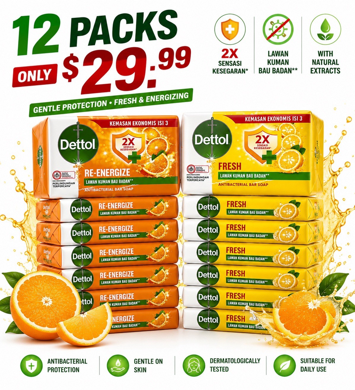 12pc Dettol Re-Energize Bar Soap, 100 gm Big Saving!!