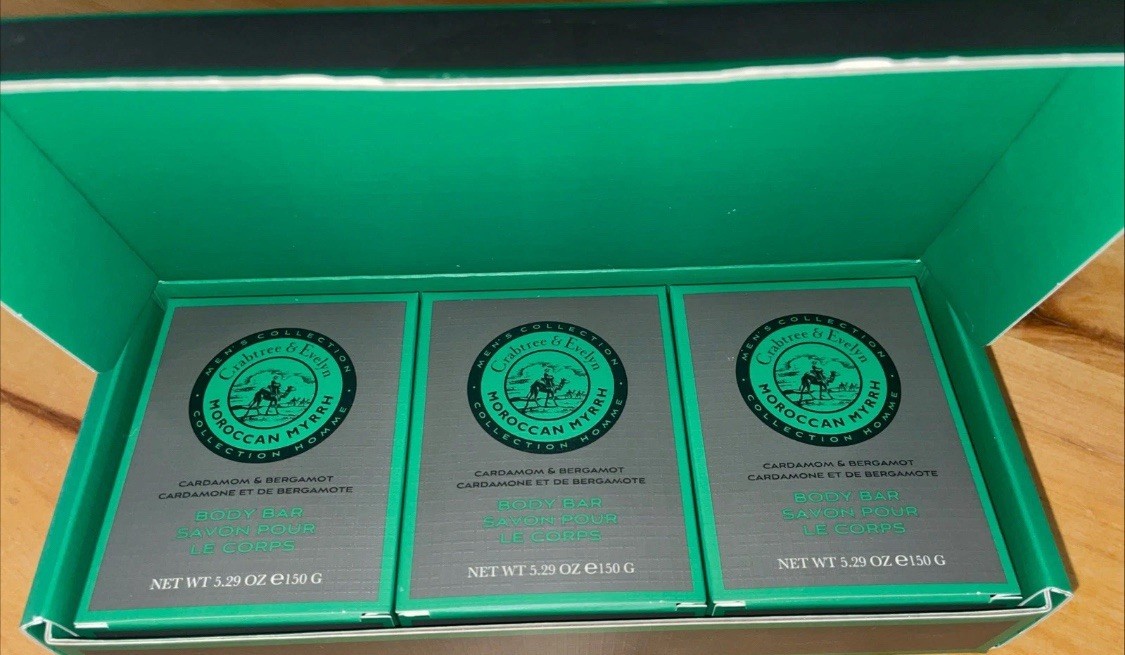 CRABTREE&EVELYN MOROCCAN MYRRH BODY BAR MEN’S COLLECTION BOX W,3 SOAPS 5.29OZ