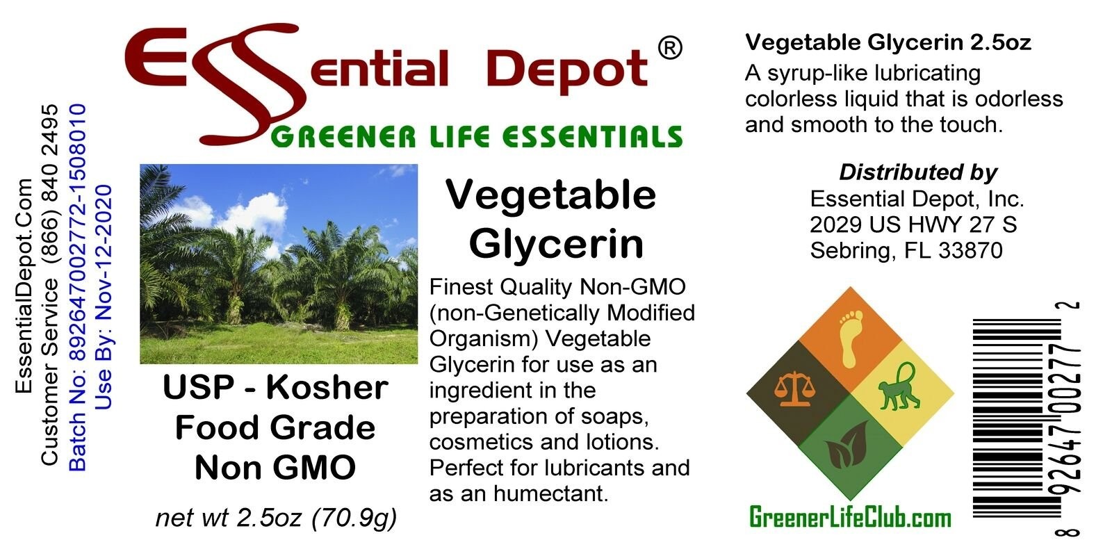 Glycerin Vegetable – Sustainable Palm Based – KOSHER USP – 2.5 oz