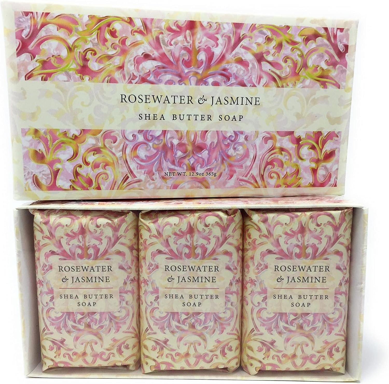 Gift Box of 3 Shea Butter Bars, 12.9 Oz Rosewater & Jasmine – All Skin Types