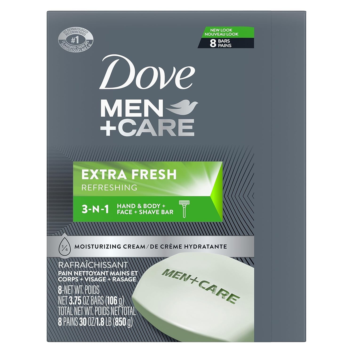 Dove Men Care 3 in 1 Bar Soap Extra Fresh Body Face Shaving 3.75 oz 8 Pack