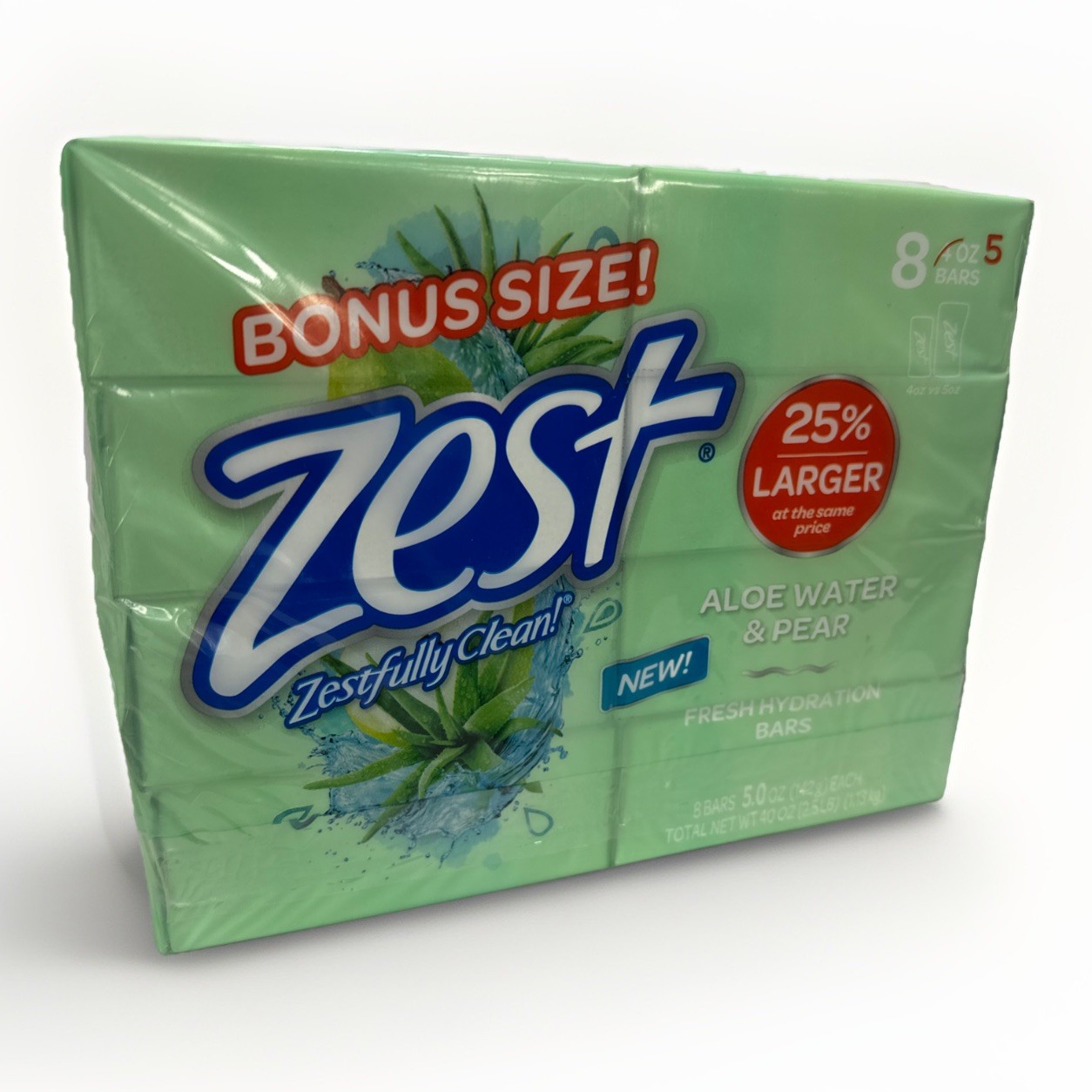 Zest Aloe Water & Pear Fresh Hydration Bar Soap 8 Pack 5 oz Bars New Sealed