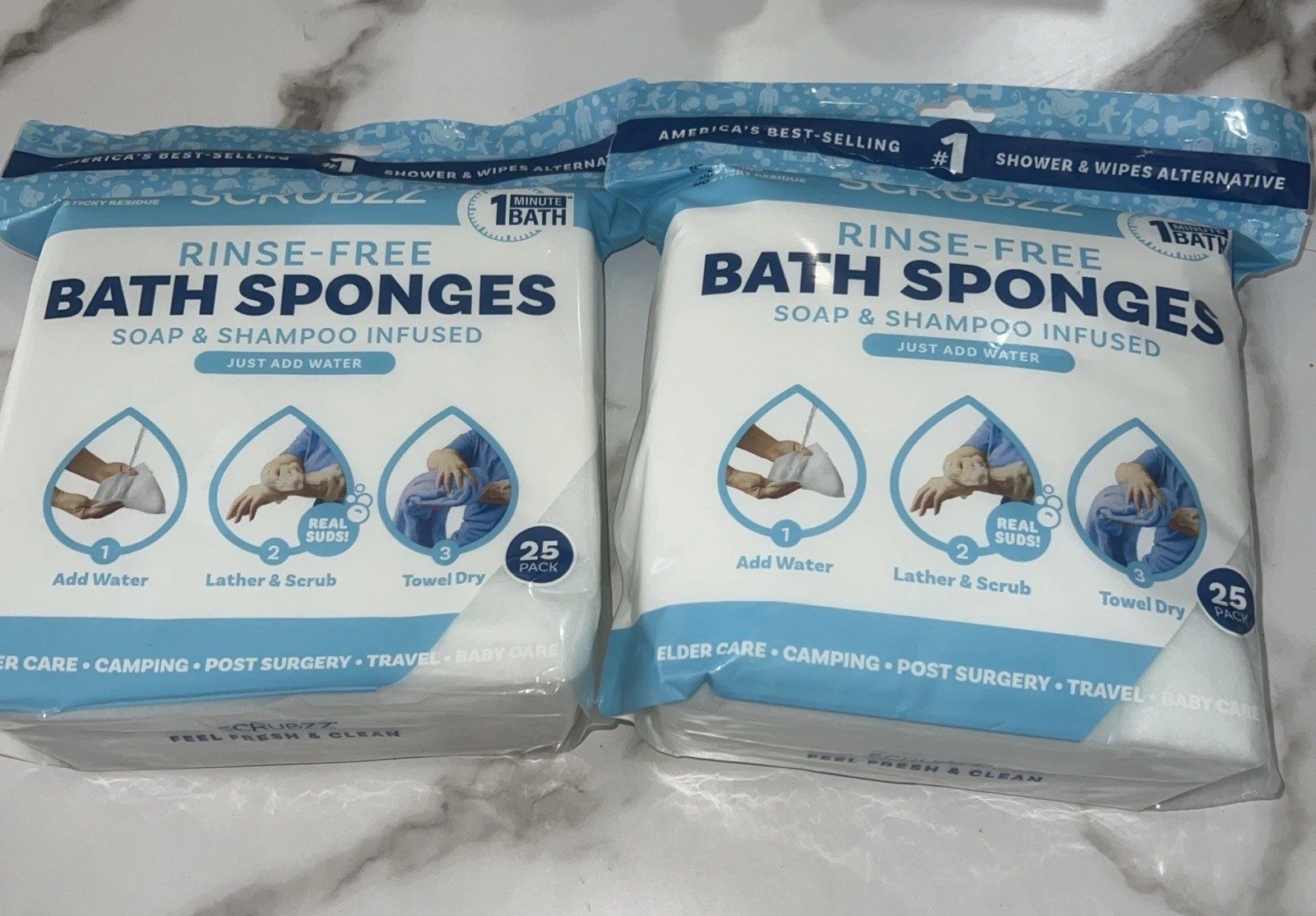 2 Scrubzz Rinse-Free Bath Sponges Soap Shampoo Infused Camping Post Surgery