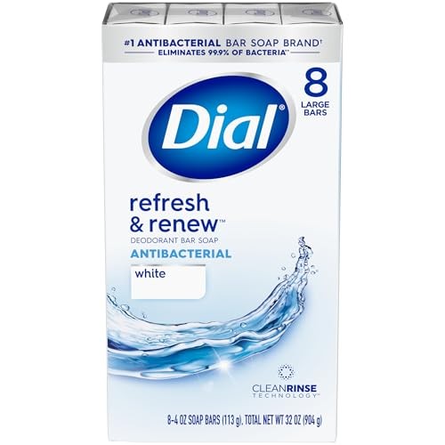 Dial Antibacterial Bar Soap, Refresh & Renew, White, 4 oz, 4 Ounce (Pack of 8)