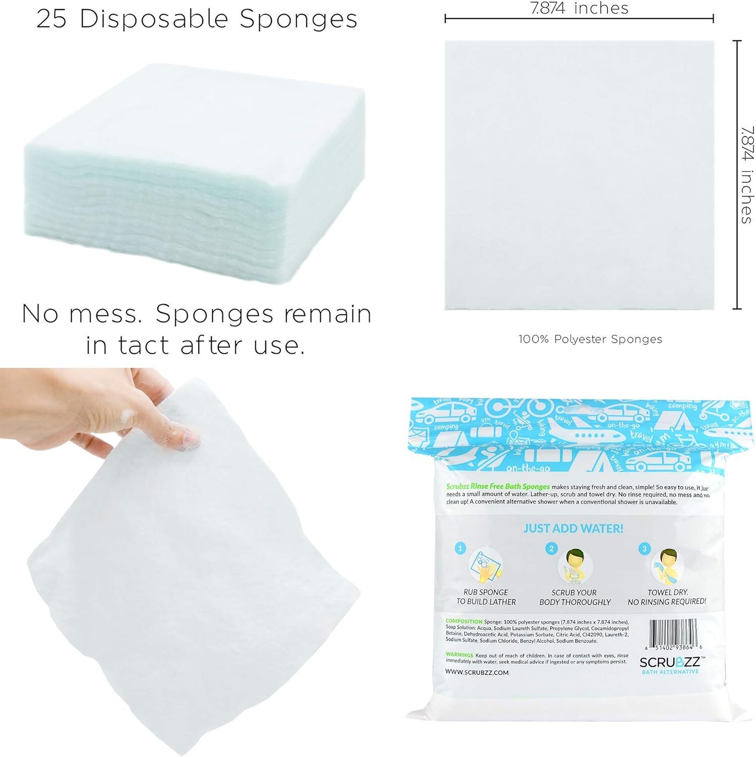 Unscented Bathing Wipes Pack Of 25 Water Activated Hypoallergenic Rinse Free
