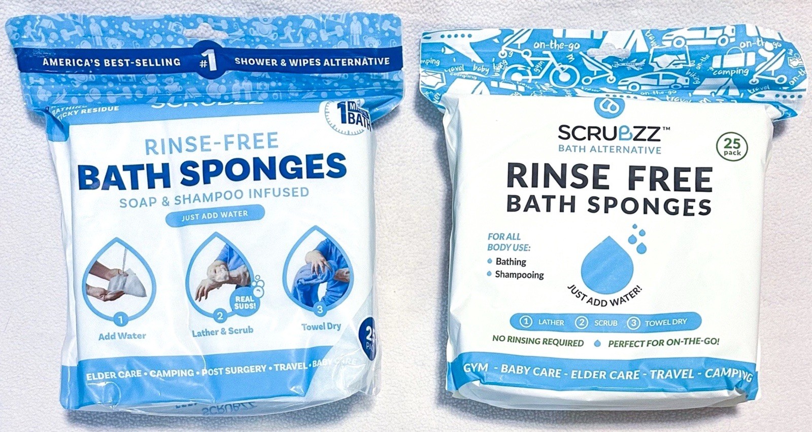 2 Packs – 25 Ct Scrubzz Rinse Free Bath Bathing Shampoo Sponge Wipes Single Use