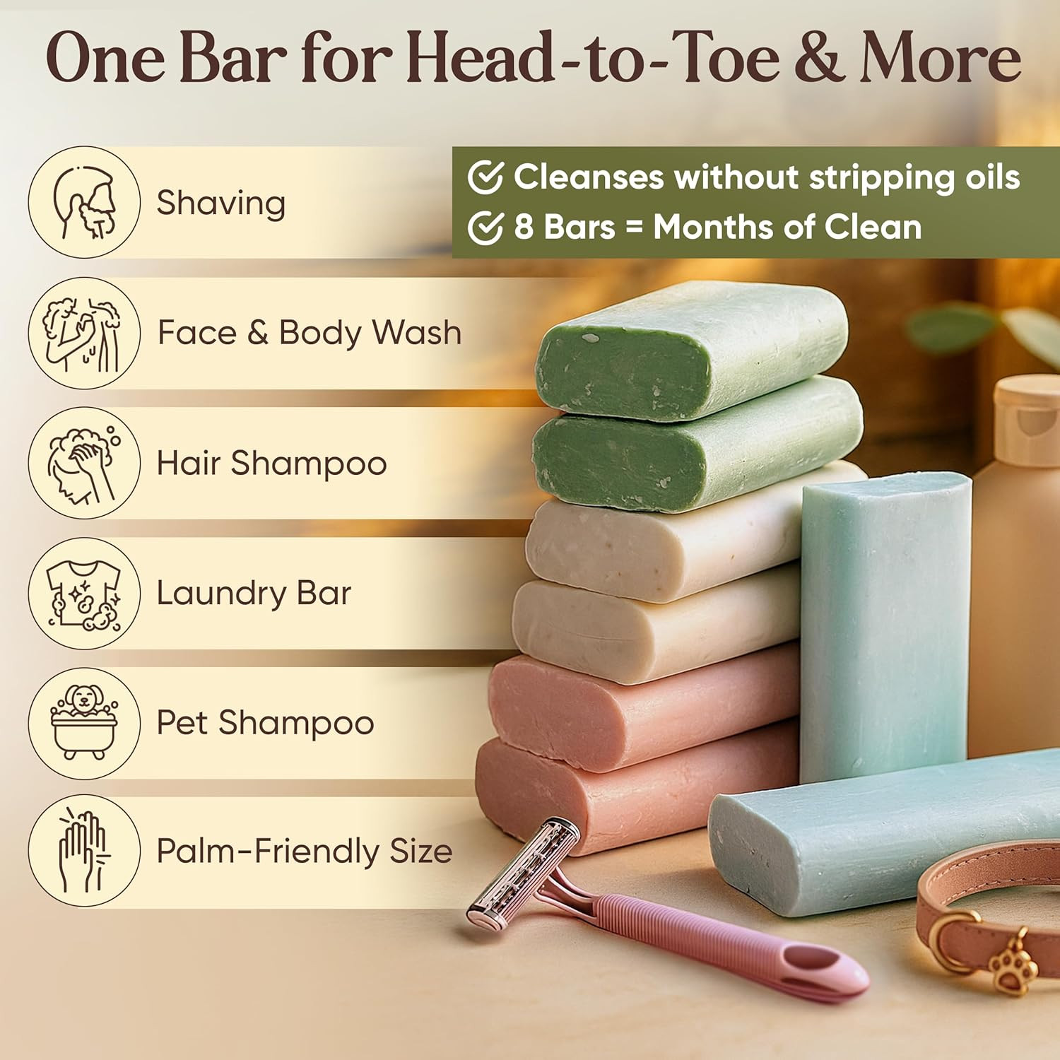 Soap Value Pack 8 Easy-To-Grip Hydrating Bars 5 Oz Each 2.5 Lb Cold-Process USA